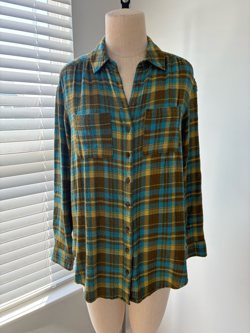Pilcro Anthropologie Women's The Hadley Green Relaxed Plaid Button Down Shirt - Picture 1 of 10
